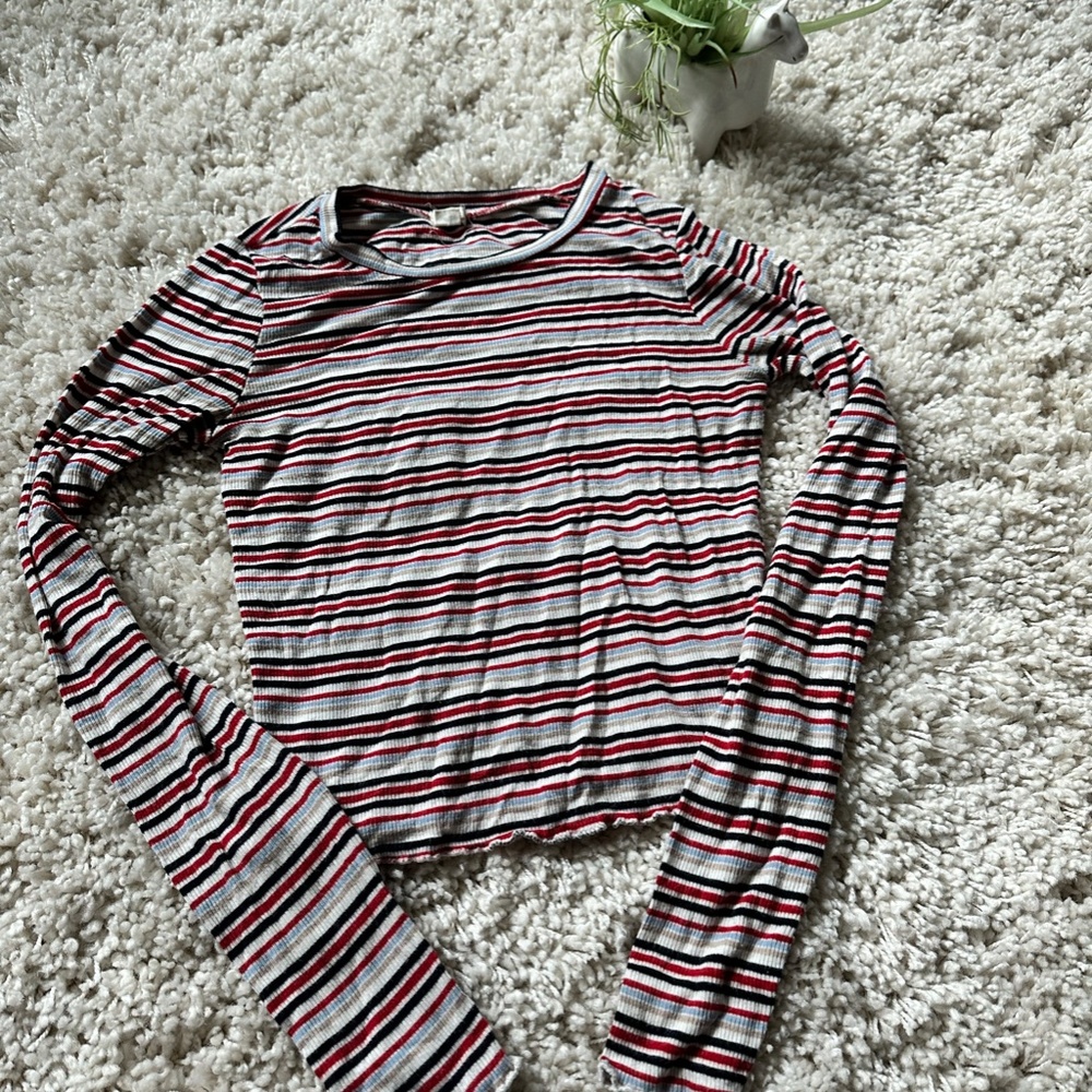 Garage vintage style hipster stripped frilly fringy long sleeve crop top…